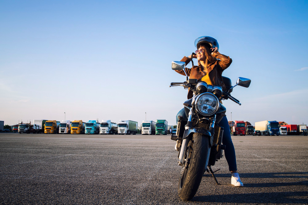 Por que motociclistas também devem considerar a proteção veicular? Mulher motociclista com moto preta estacionada, destacando a importância da proteção veicular para motos.