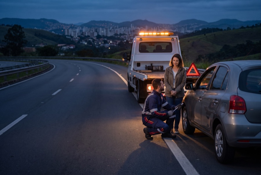 Motorista atendida na estrada ao lado do carro