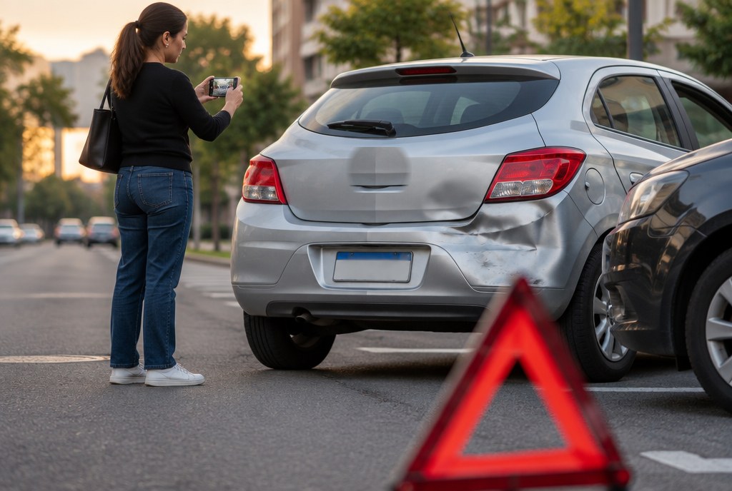 Motorista registrando com o celular os danos na traseira do carro depois de uma batida leve, com triângulo de sinalização na via